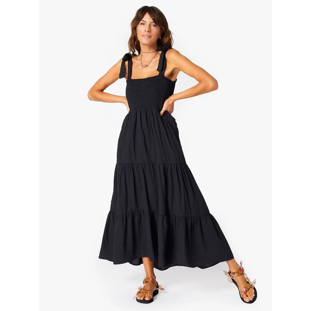 Xirena Lorraine Smocked Tiered Maxi Dress Tie Shoulder Strap Cotton Black Sz XS